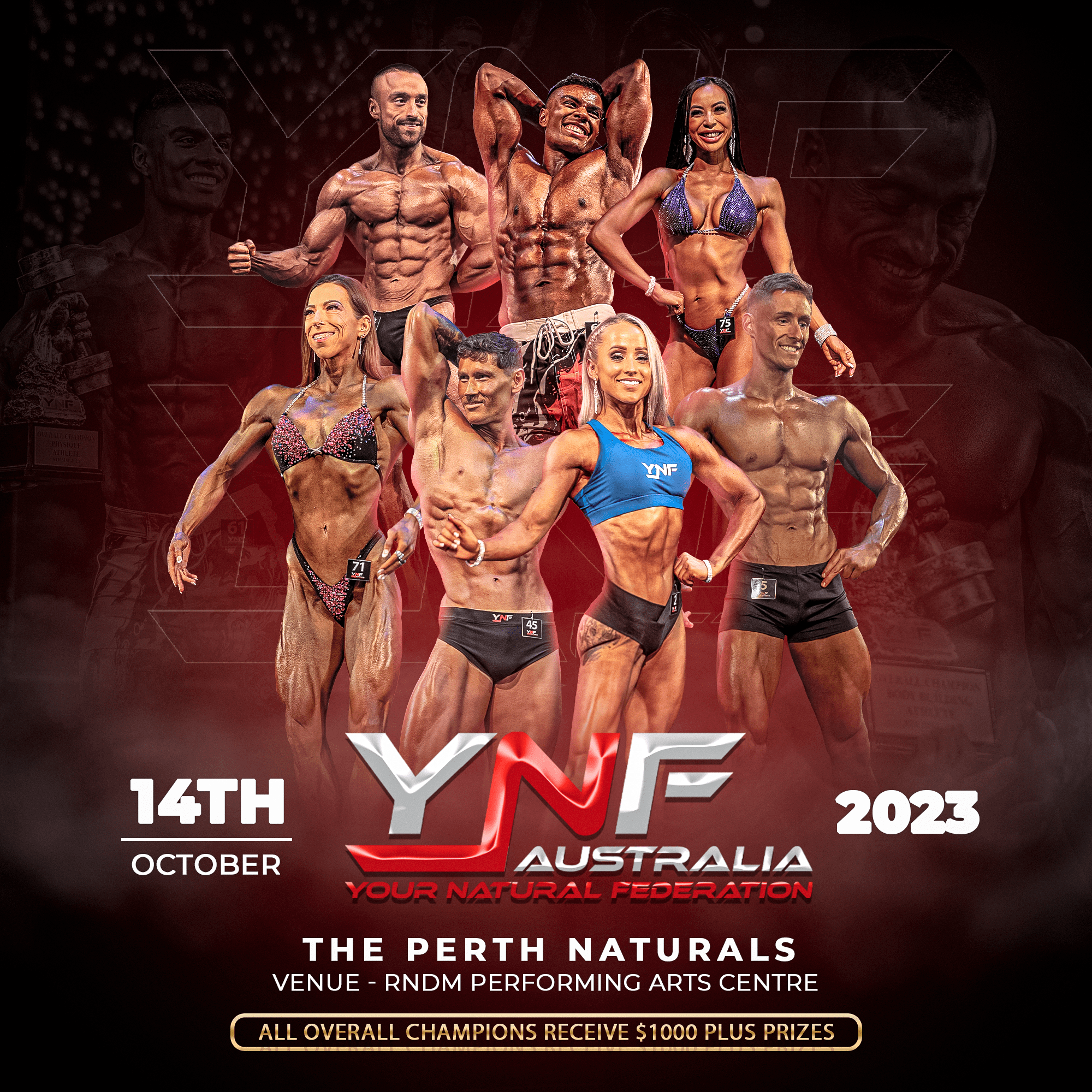 Show promo with bodybuilders and athletes standing
